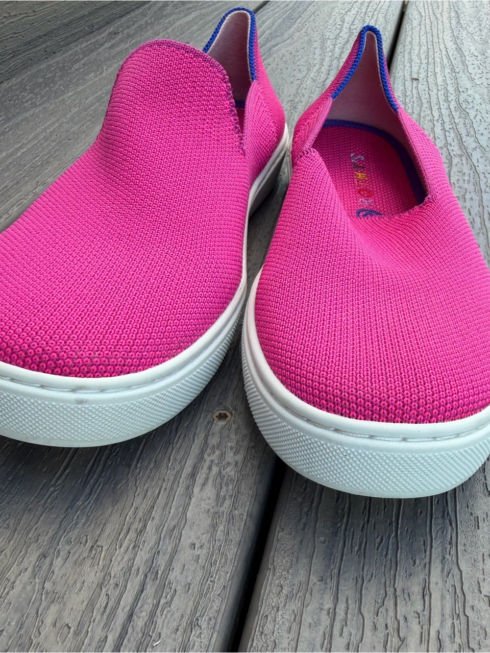 Rothy's Kids Slip-On Sneakers in Bright Pink with Blue Trim - Picture 2 of 6